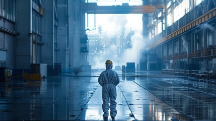 Fototapeta premium Contemplative worker in vast industrial space