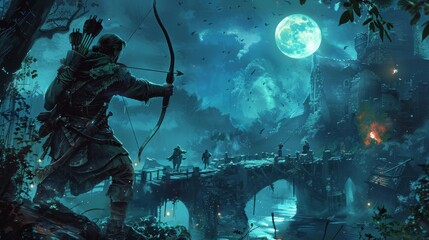 A dramatic depiction of Robin Hood in a moonlit duel on a Sherwood bridge, his arrow aimed at an approaching foe - obrazy, fototapety, plakaty