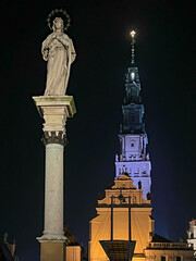 Jasna Gora Monastery and the column with the Blessed Virgin Mary in Czestochowa at night