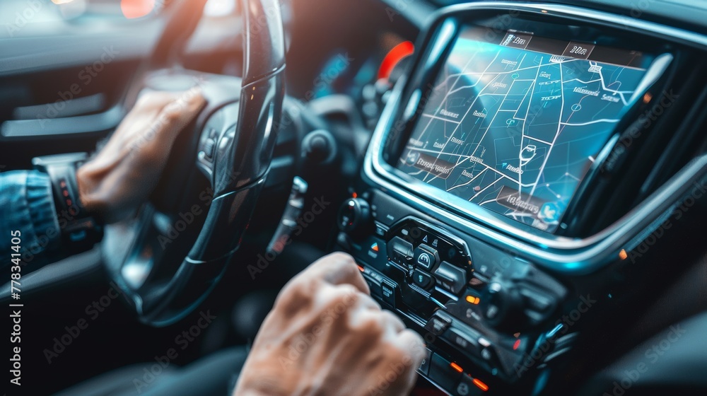 Fototapete man using modern panel button screen interface for vehicle control. transportation, technology and v