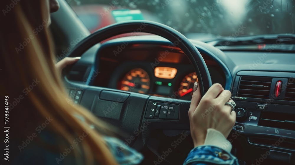 Poster dashboard of a car. closeup of a radio. woman setting up a radio...