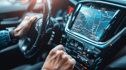 Man using modern panel button screen interface for vehicle control. Transportation, technology and vehicle concept.