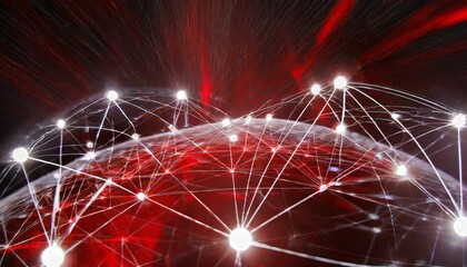 abstract technology network with a dark red background and white glowing globes as hubs with connections - obrazy, fototapety, plakaty
