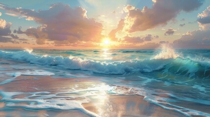 Sunset hues bathe a tranquil beach, waves whisper to the shore - obrazy, fototapety, plakaty