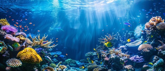 Colorful fish and marine life in the deep blue ocean underwater coral reef landscape banner background - obrazy, fototapety, plakaty