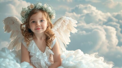 Angelic girl Cupid Kid on Blue Sky Cloud. Concept for advertising children's products. - obrazy, fototapety, plakaty