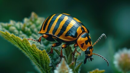Fototapeta premium A close-up of a vibrant Colorado potato beetle perched on a green leaf - AI Generated Digital Art