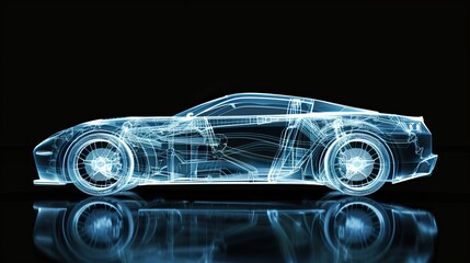 An X-ray rendering of a concept car on a black background with an isolated X-ray background.