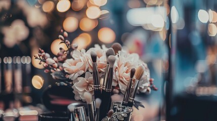 Makeup brushes in floral arrangement with bokeh lights.