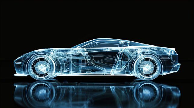 An X-ray rendering of a concept car on a black background with an isolated X-ray background.