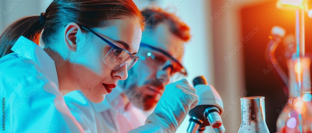 Poster performing microscope slides in a research lab with a young female research scientist and an older m