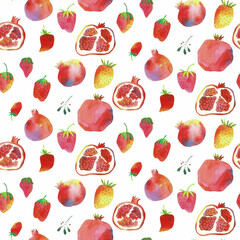 Juicy pomegranates and strawberries, watercolor on a white background