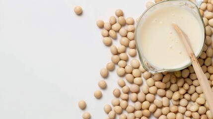 A top-down shot of dried soy milk on an isolated pastel background with copy space.