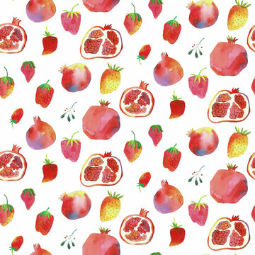Juicy pomegranates and strawberries, watercolor on a white background
