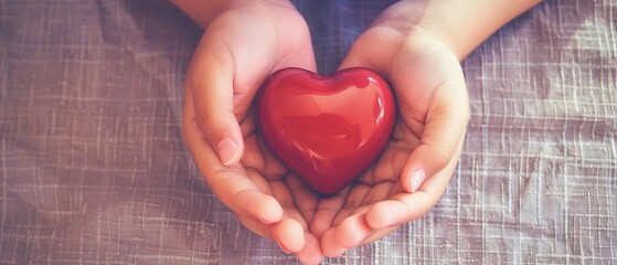 An adult and child hold a red heart, an expression of love and care, giving and hope, and the concept of family, World Heart Day and World Health Day - obrazy, fototapety, plakaty