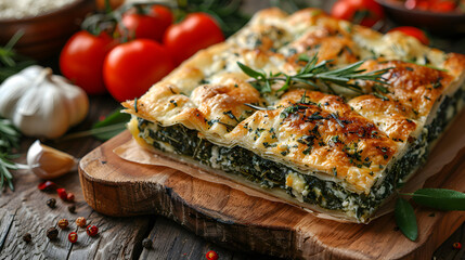 Greek Spanakopita on Decorated Table for HD Wallpaper with Cinematic Effect