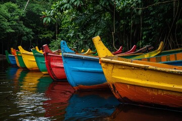 Colorful canoes in the Amazon Basin, artistically highlighting the vibrant culture and the lush, verdant backdrop of the rainforest.