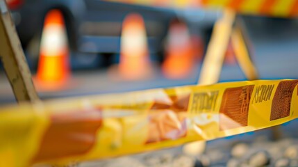 Caution tape with out-of-focus traffic cones and vehicles. Close-up, urban safety and security concept - obrazy, fototapety, plakaty