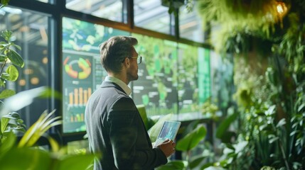 A professional male executive reviews complex data visualizations on a large interactive wall display in a modern office environment.