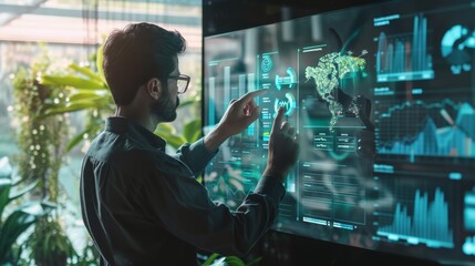 A data analyst focused on an interactive screen displaying futuristic data analytics in a high-tech office environment with plant life.