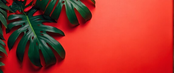 Tropical leaves on red color background, copy space, summer background 