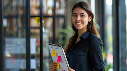 Businesswoman holding clipboard with sticky notes in front of glass wall. Professional portrait with glass reflection