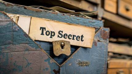 Vintage folder labeled Top Secret with a brass fastener on a worn surface. Espionage and confidentiality concept
