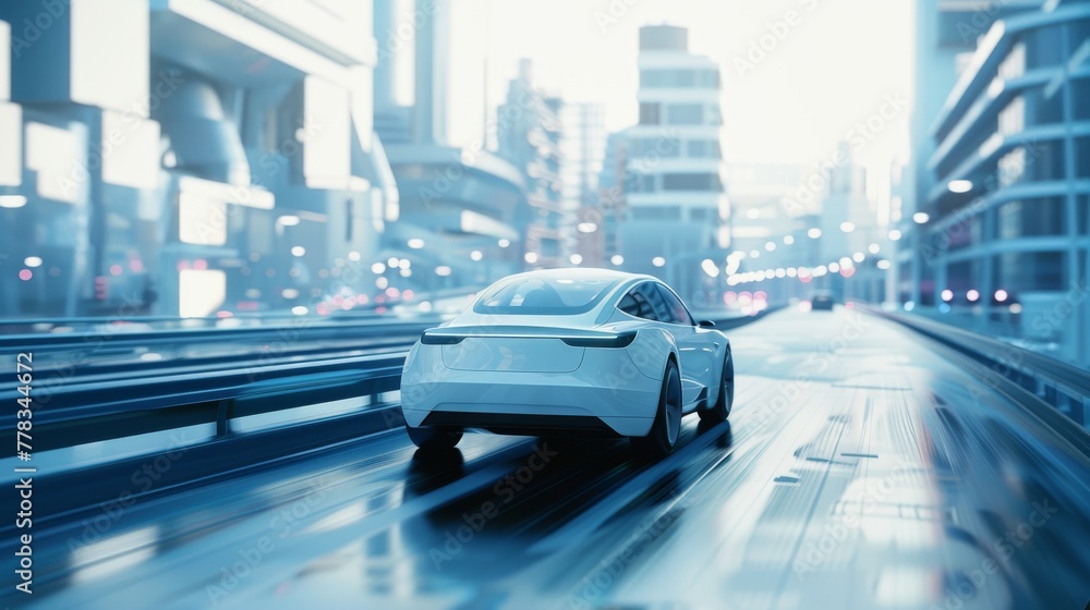 Poster 3d rendering of an autonomous self-driving electric car changing lanes and overtaking a city vehicle