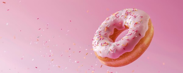 Sugar-dusted donut with pink glaze on a pink background