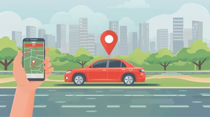 Modern illustration showing carsharing service. Urban landscape with geolocation mark, car and smartphone. Flat illustration of an online rental car. - obrazy, fototapety, plakaty