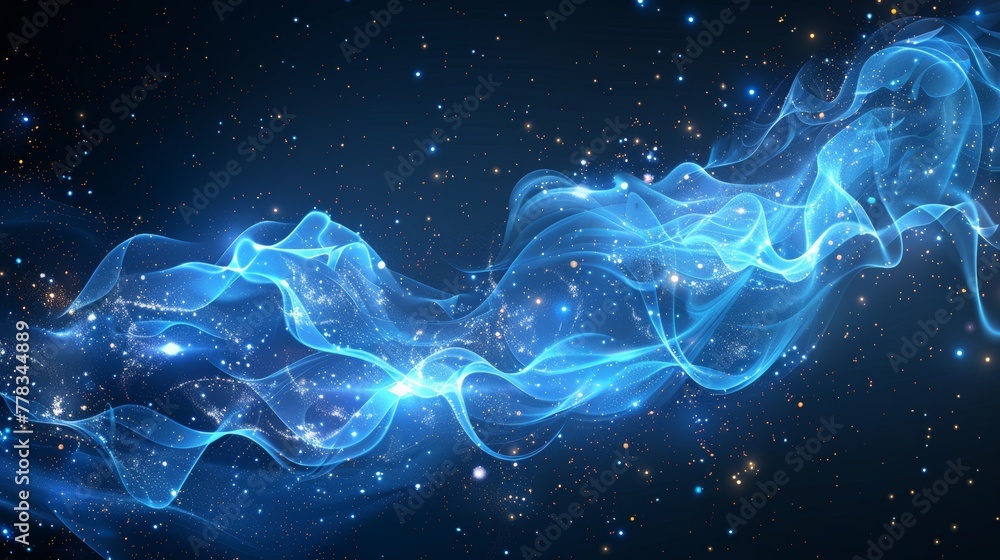 Leinwandbilder The wind line of light is abstract on a transparent background and easy to edit. Modern illustration of a blue wind line of light with sparkles on a transparent background, isolated.