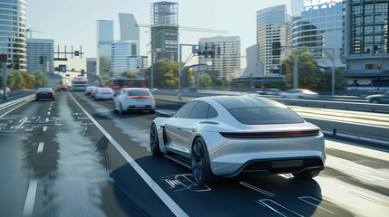 Detailed rendering of autonomous self-driving electric car changing lanes and overtaking city vehicles... - obrazy, fototapety, plakaty