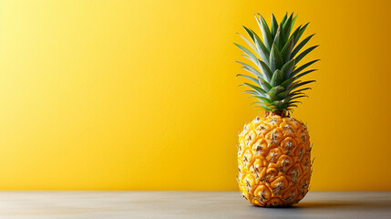 Ripe Pineapple on Vibrant Yellow Background with Copy Space for Summer Tropical Fruit Concept - Fresh and Delicious Exotic Snack for Healthy Nutrition, Perfect Market Ingredient