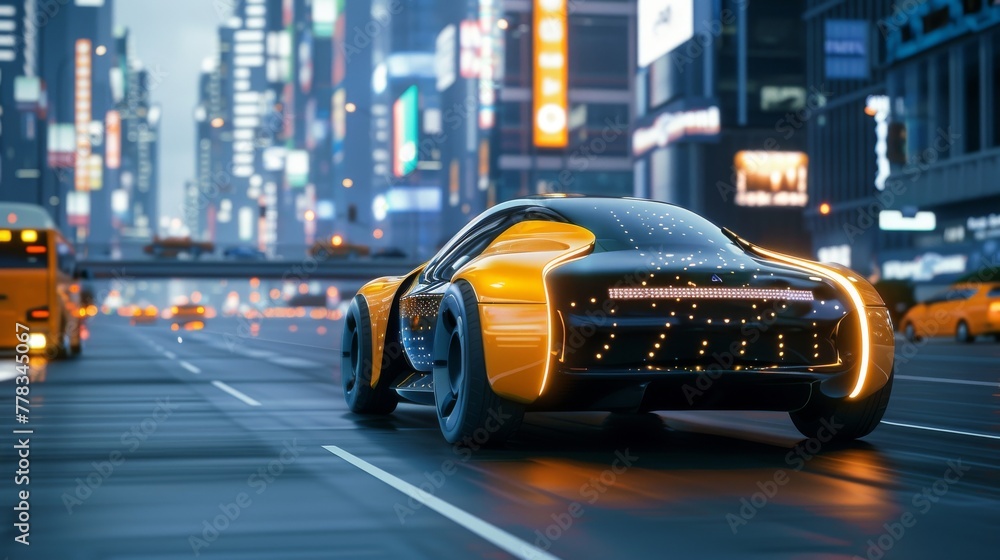 Aufkleber three-dimensional rendering of self-driving electric car overtaking city vehicle...