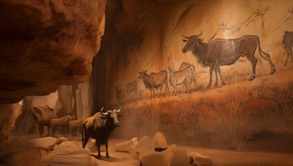 A wildebeest walking in an ancient cave with a prehistoric painting