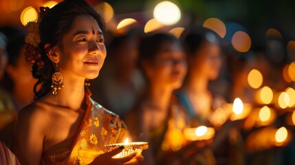 Obraz na płótnie Canvas Traditional Thai Woman Holding Candle in Festival, Celebration of Light and Hope