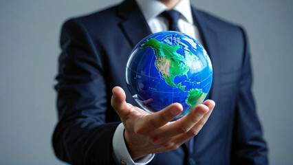 A businessman in a dark suit and tie is holding a crystal ball with the image of the Earth in his open palm.