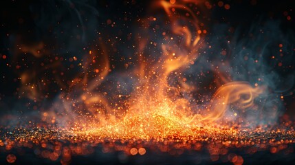 Isolated spark particles with flames on a black background.