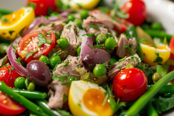 Grilled chicken Nioise salad with olives and boiled eggs