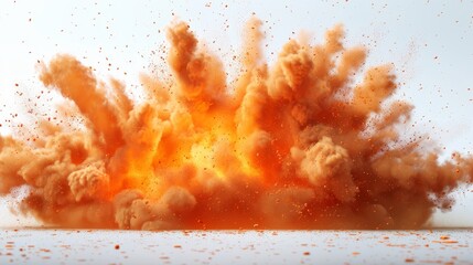 Against a white background, a very hot explosion with sparks and smoke is seen - obrazy, fototapety, plakaty