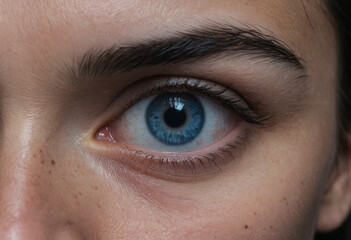 A close up of blue eye looking away, black hair above eye brows, dark room, mean gritty