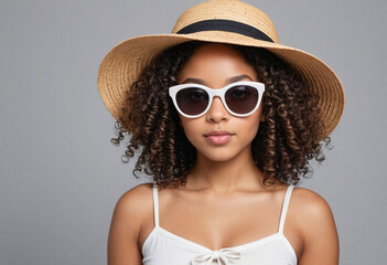portrait of black American biracial girl with curly hair wearing a summer sun hat wearing stylish sun glasses posing on a perspective angle on a grey background