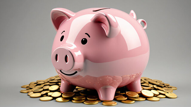 A pink piggy bank is sitting on a pile of gold coins and smiling.