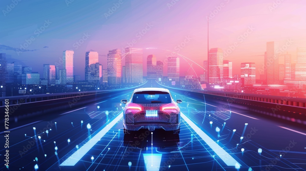 Poster autopilot mode self-driving car with futuristic graphics about gps system driving on street in city.