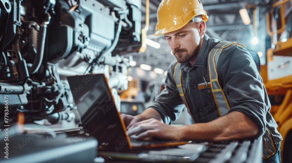 Poster the mechanic uses a laptop as a diagnostic tool in the workshop while reading parameters and detecti