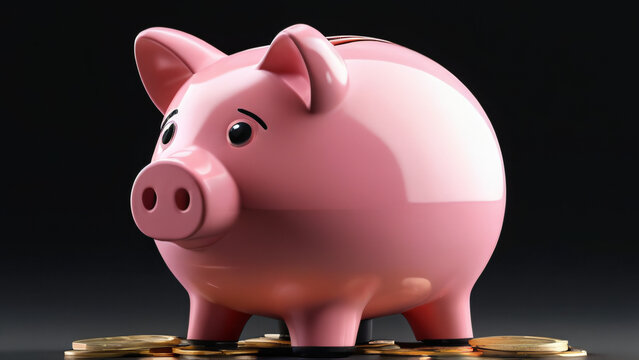 A pink piggy bank sits on a pile of gold coins against a black background.