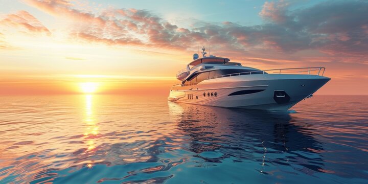 Luxury motor yacht on the ocean at sunset
