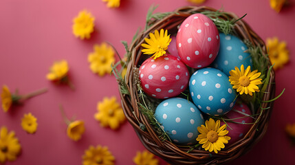 Easter template for greeting card, Easter background, Easter basket with colorful easter eggs and tulips, high resolution graphic source, 16:9, 1920*1080