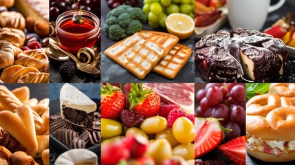 A collage featuring a variety of different foods and drinks arranged together, showcasing a...