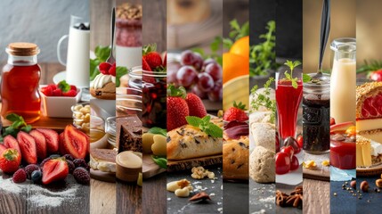 A collage featuring a variety of different foods and drinks arranged together, showcasing a...